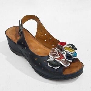 Spring Step Bridalbqt Black Leather Wedge Sandal Womens 6.5 Feminine Floral